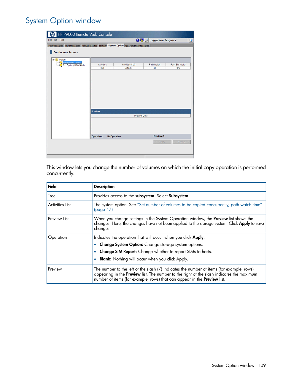 System option window | HP XP P9500 Storage User Manual | Page 109 / 113