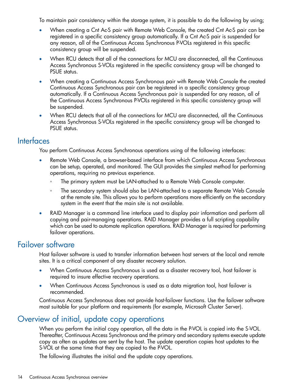 Interfaces, Failover software, Overview of initial, update copy operations | HP XP P9500 Storage User Manual | Page 14 / 113