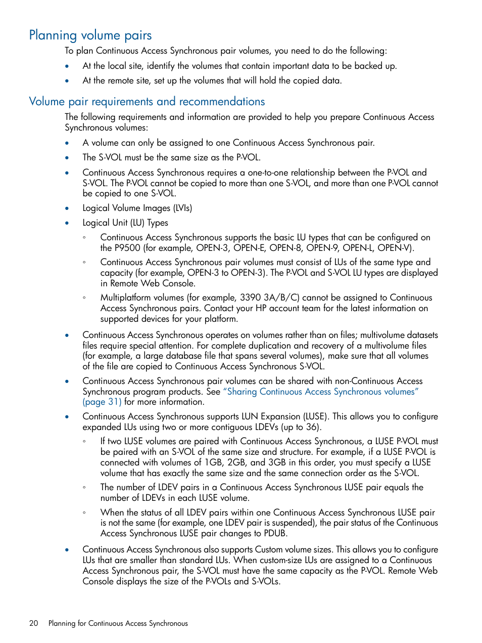 Planning volume pairs, Volume pair requirements and recommendations | HP XP P9500 Storage User Manual | Page 20 / 113
