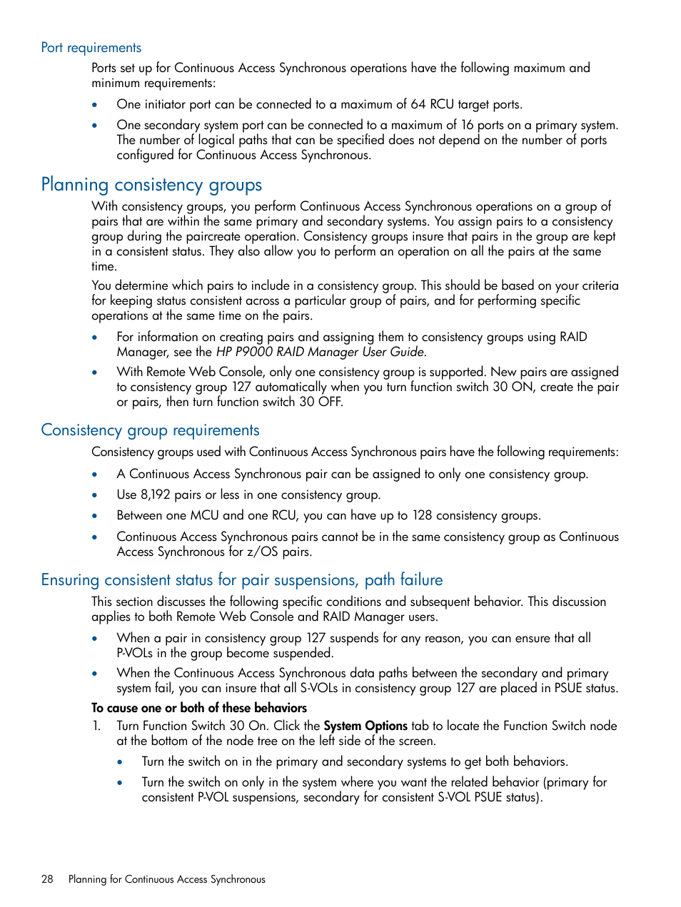 Port requirements, Planning consistency groups, Consistency group requirements | HP XP P9500 Storage User Manual | Page 28 / 113