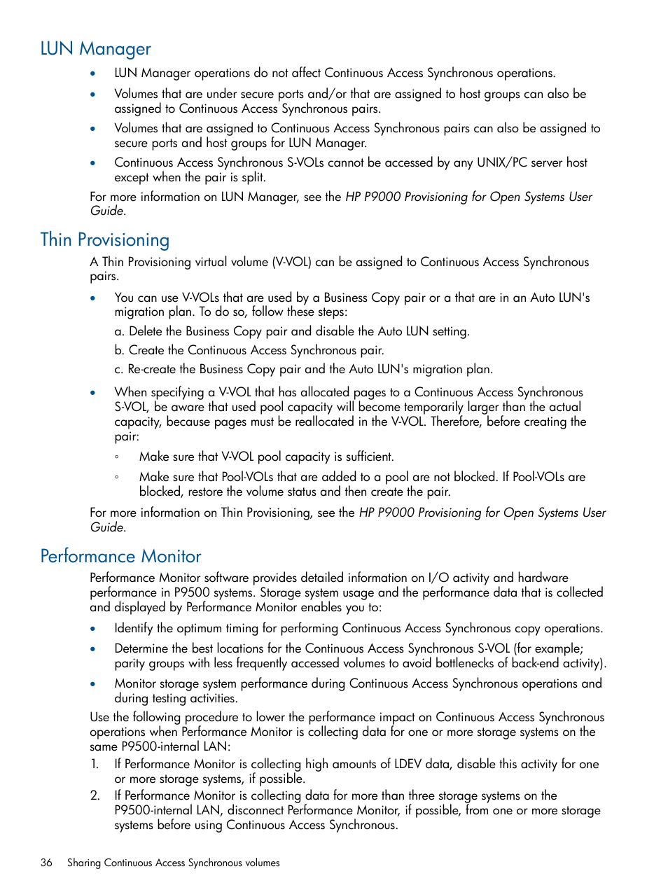 Lun manager, Thin provisioning, Performance monitor | Thin provisioning performance monitor | HP XP P9500 Storage User Manual | Page 36 / 113