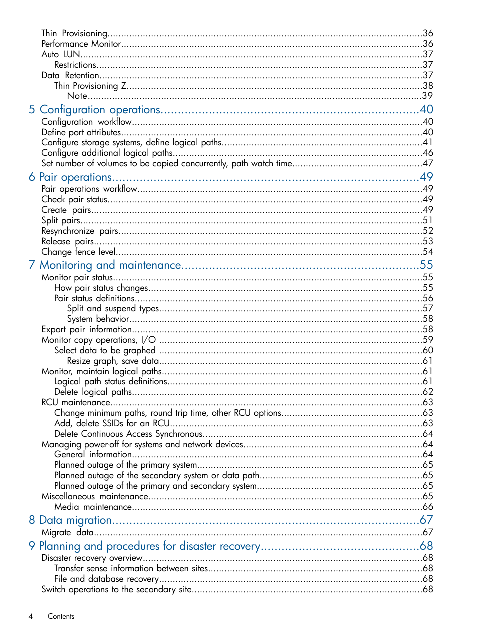 5 configuration operations, 6 pair operations, 7 monitoring and maintenance | 8 data migration, 9 planning and procedures for disaster recovery | HP XP P9500 Storage User Manual | Page 4 / 113