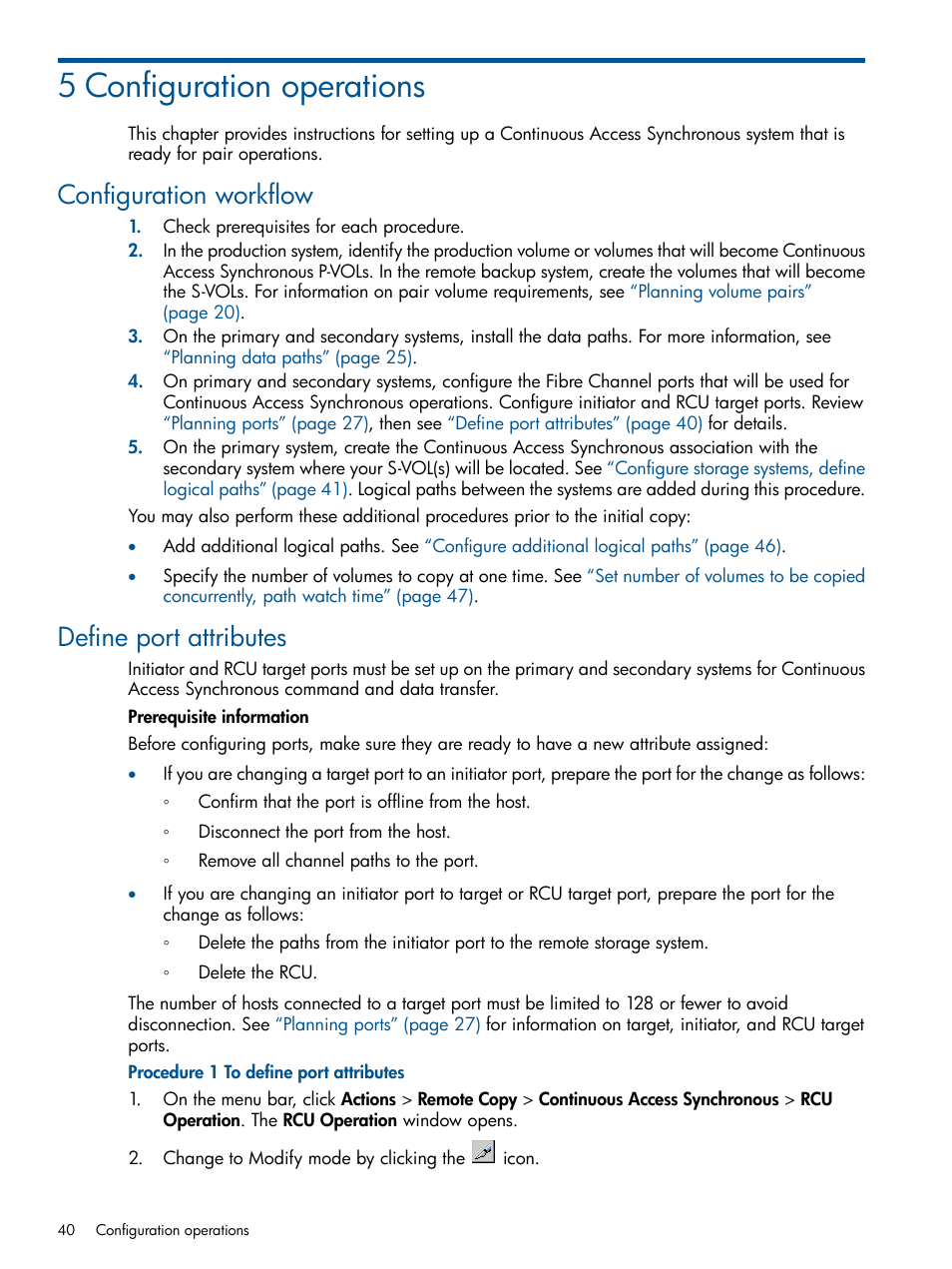 5 configuration operations, Configuration workflow, Define port attributes | Configuration workflow define port attributes | HP XP P9500 Storage User Manual | Page 40 / 113