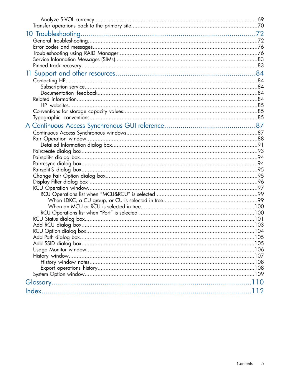 10 troubleshooting, 11 support and other resources, A continuous access synchronous gui reference | Glossary index | HP XP P9500 Storage User Manual | Page 5 / 113