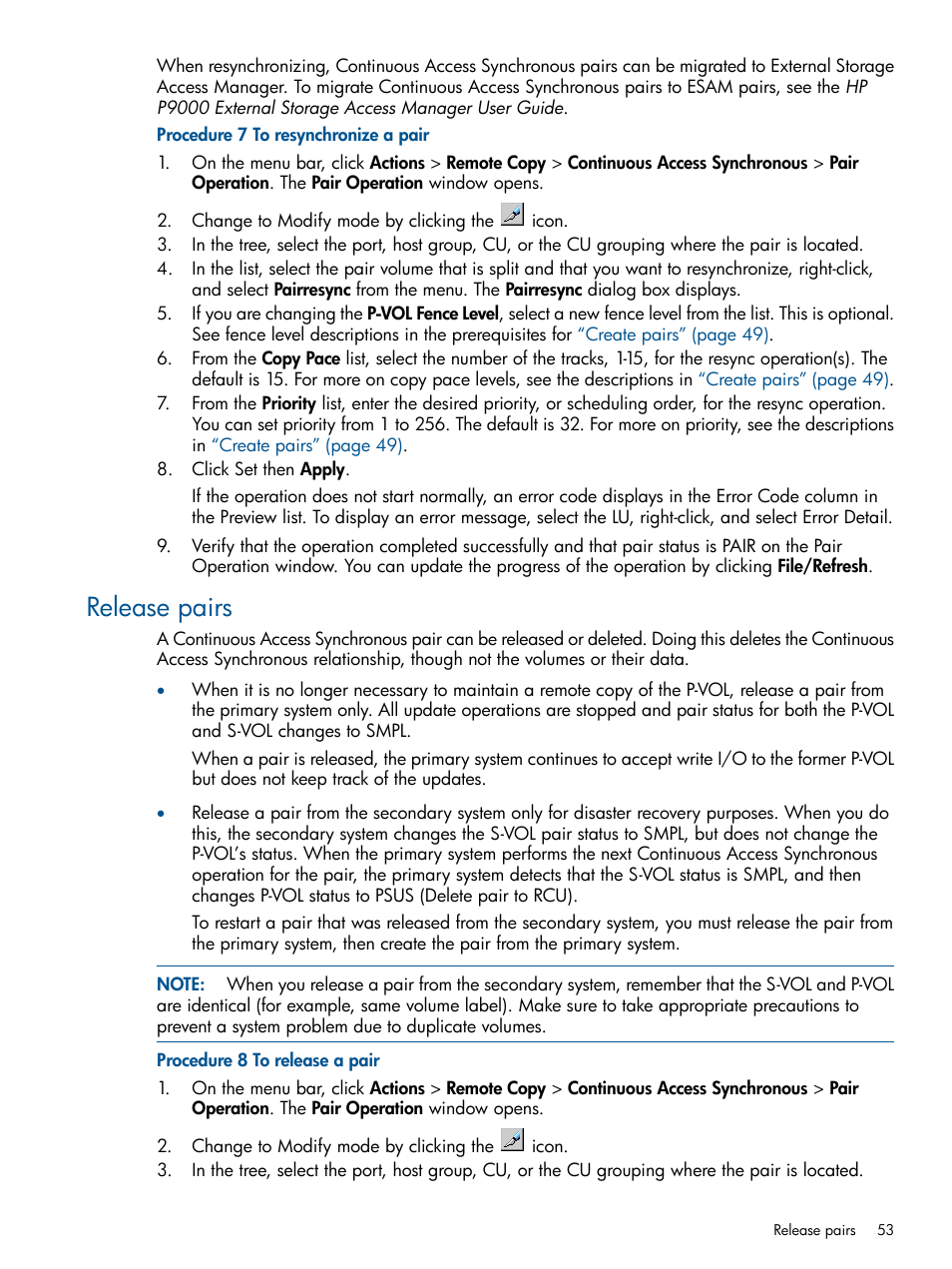 Release pairs | HP XP P9500 Storage User Manual | Page 53 / 113