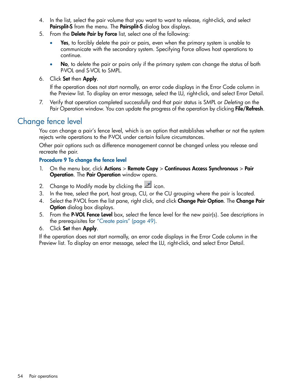 Change fence level | HP XP P9500 Storage User Manual | Page 54 / 113