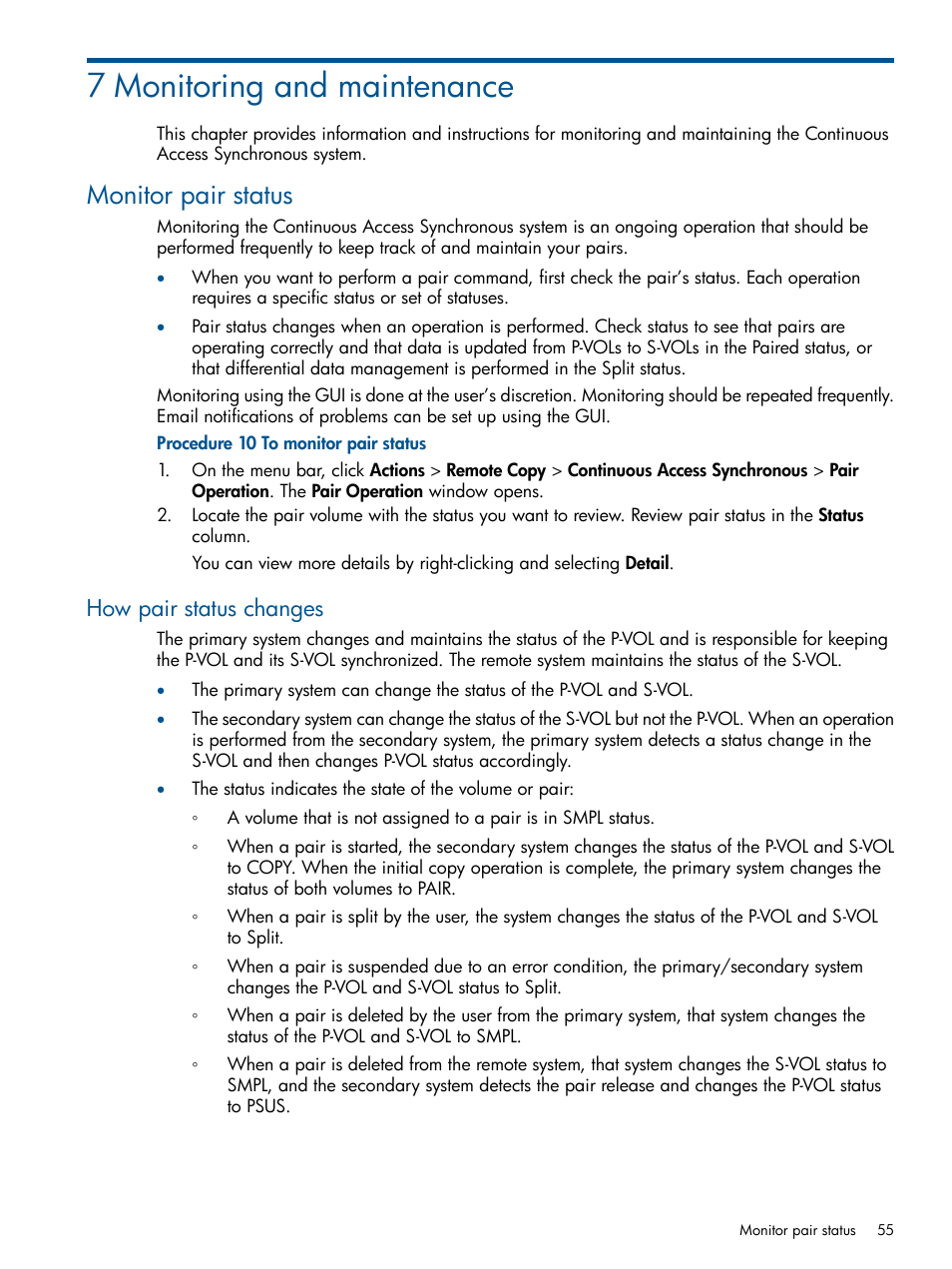 7 monitoring and maintenance, Monitor pair status, How pair status changes | HP XP P9500 Storage User Manual | Page 55 / 113