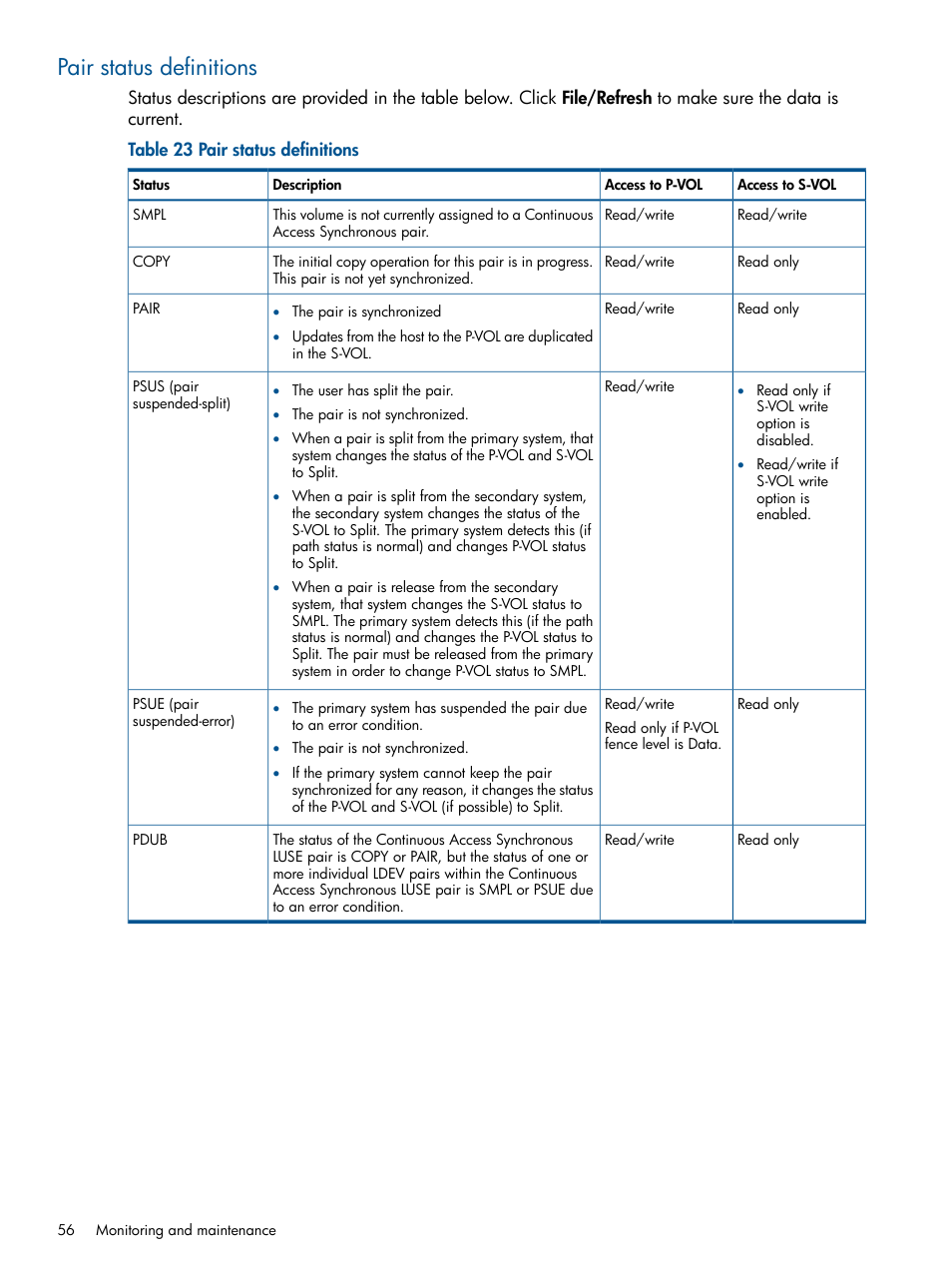Pair status definitions | HP XP P9500 Storage User Manual | Page 56 / 113