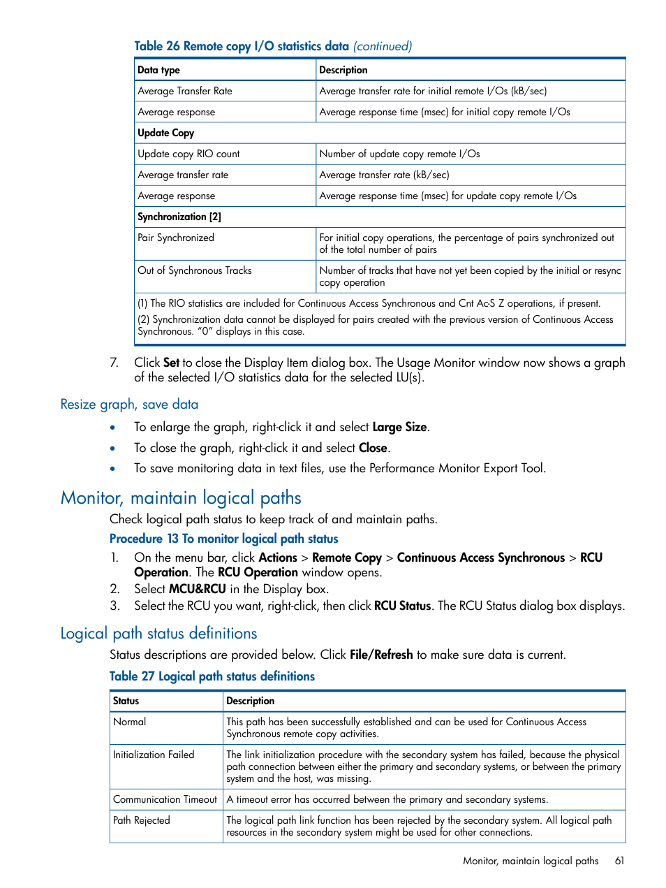 Resize graph, save data, Monitor, maintain logical paths, Logical path status definitions | HP XP P9500 Storage User Manual | Page 61 / 113