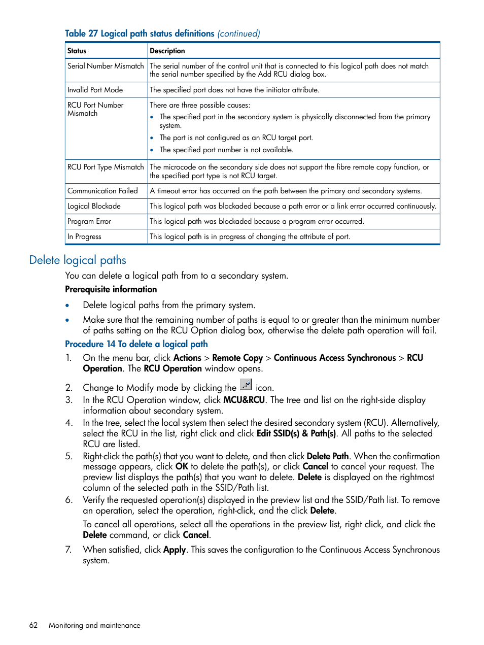 Delete logical paths | HP XP P9500 Storage User Manual | Page 62 / 113