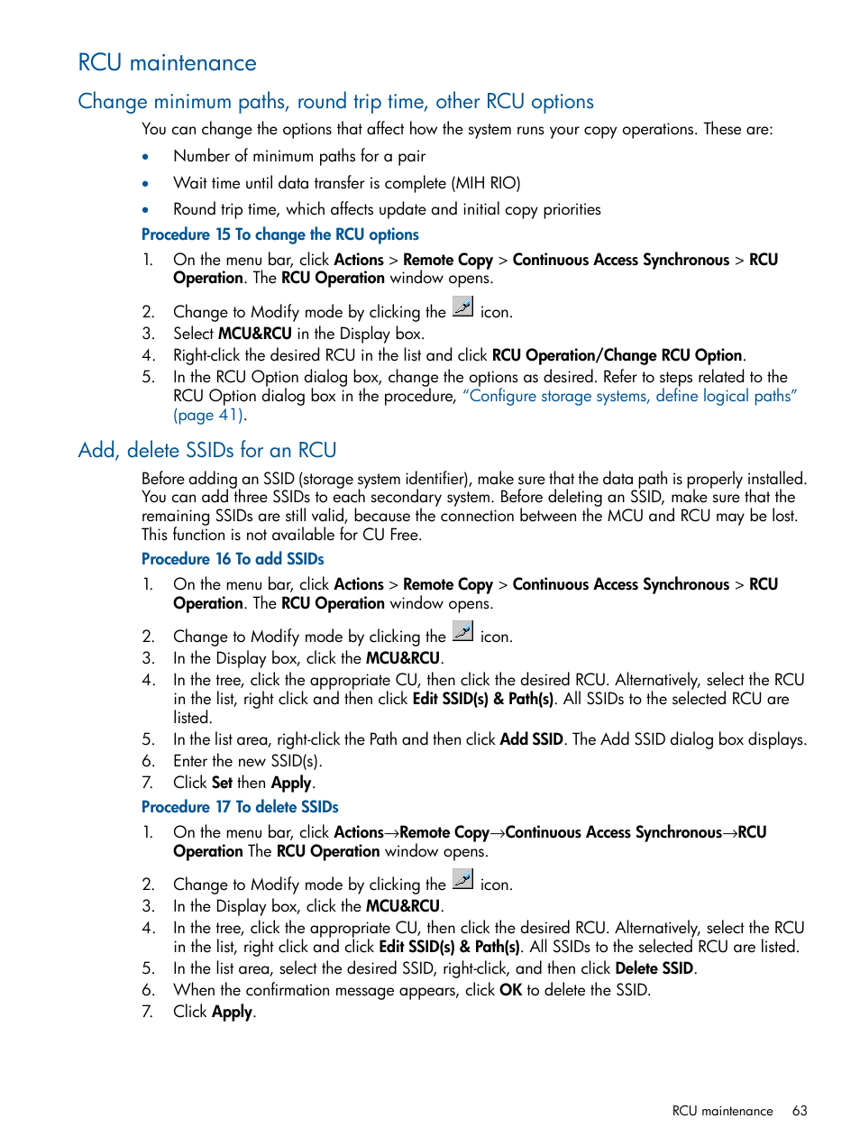 Rcu maintenance, Add, delete ssids for an rcu | HP XP P9500 Storage User Manual | Page 63 / 113