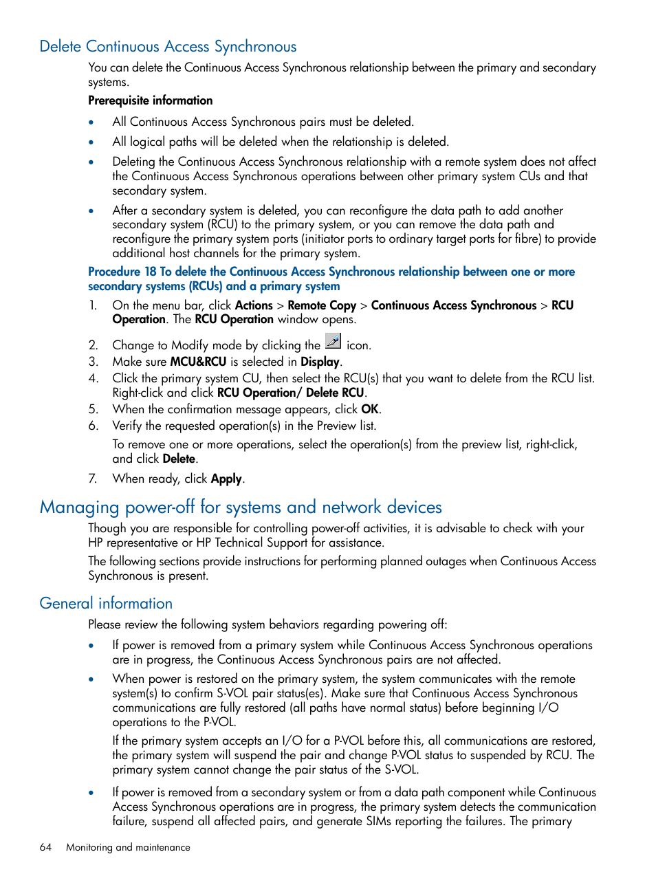 Delete continuous access synchronous, Managing power-off for systems and network devices, General information | HP XP P9500 Storage User Manual | Page 64 / 113