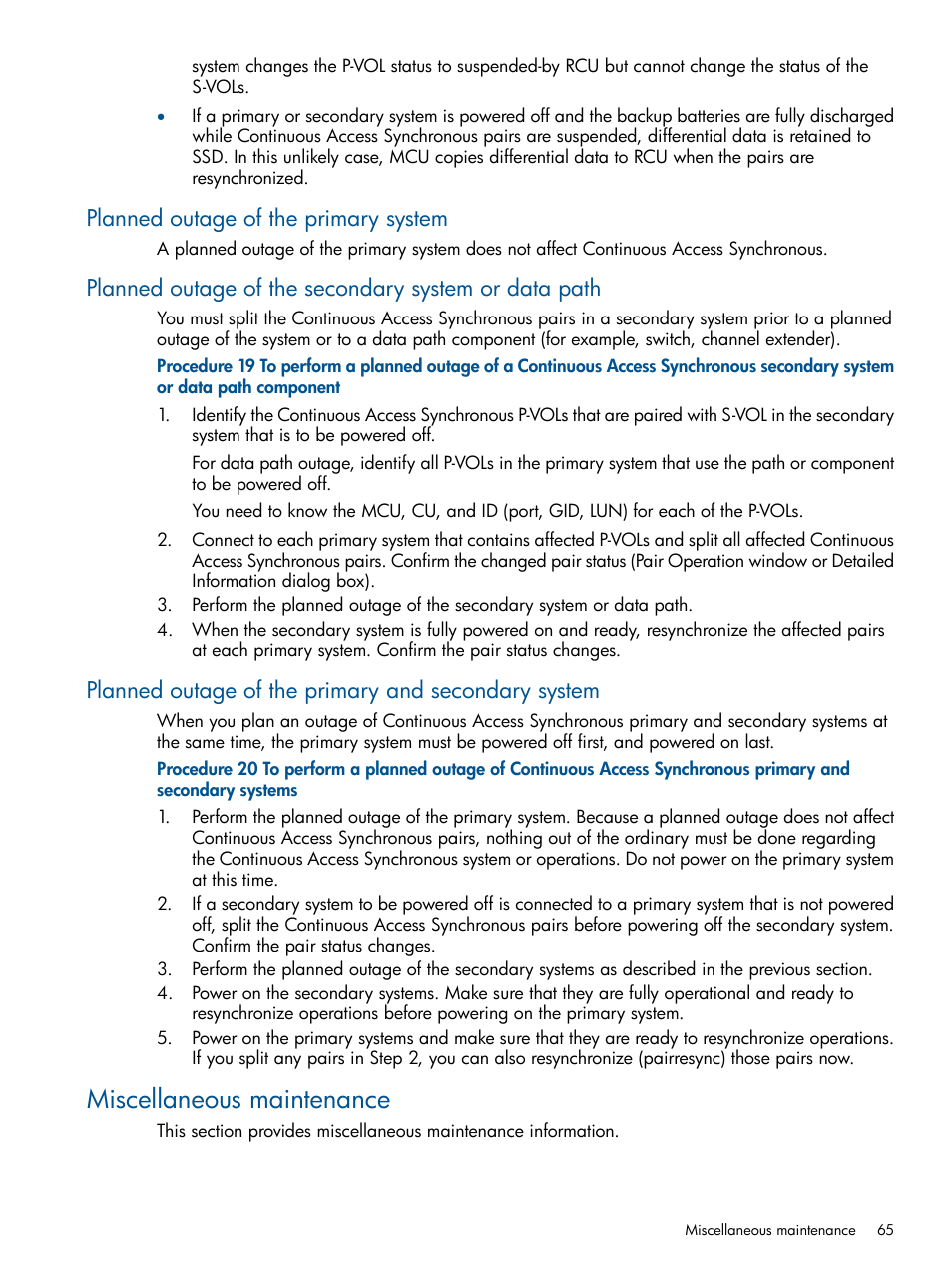 Planned outage of the primary system, Planned outage of the primary and secondary system, Miscellaneous maintenance | HP XP P9500 Storage User Manual | Page 65 / 113