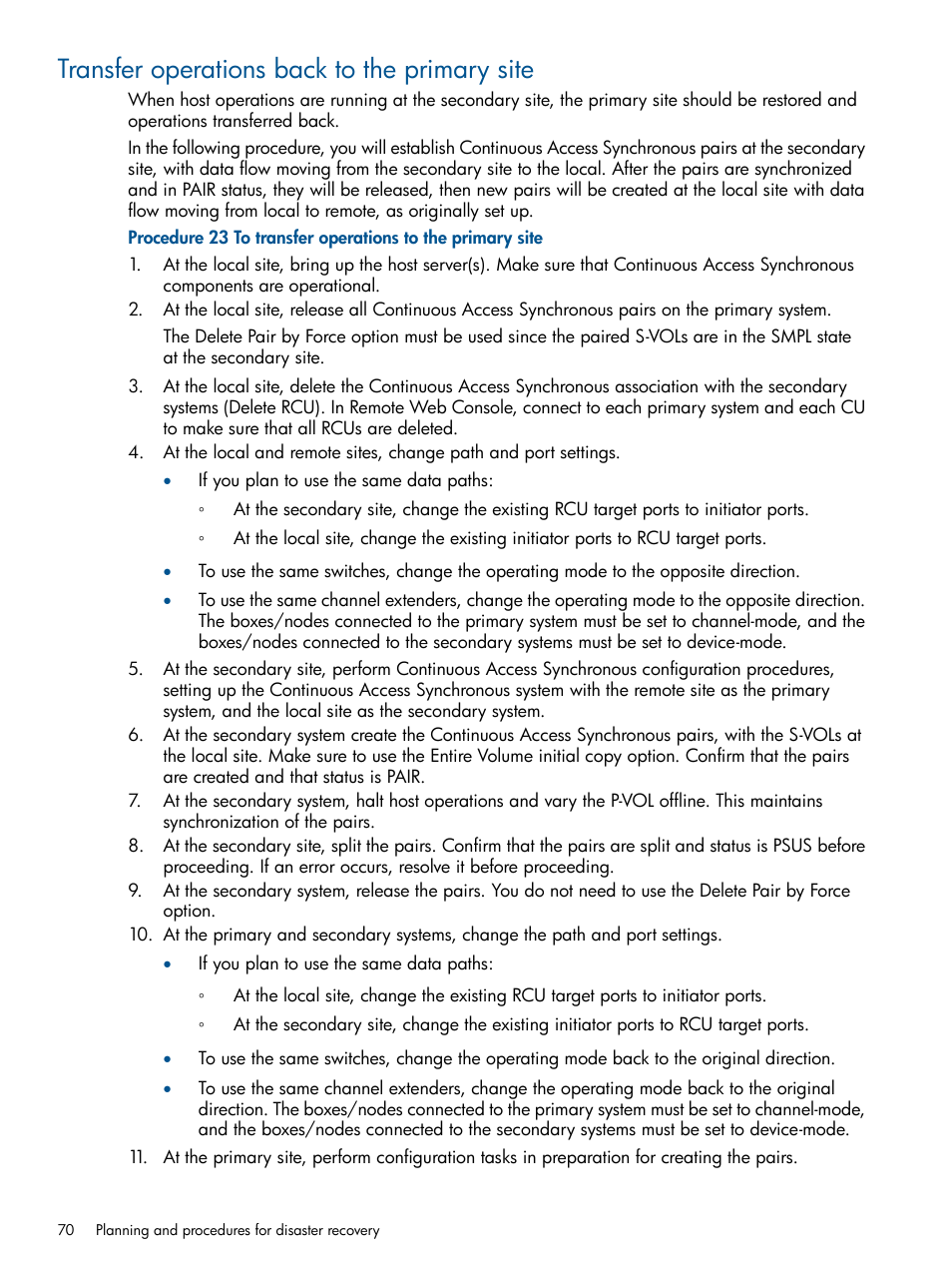 Transfer operations back to the primary site | HP XP P9500 Storage User Manual | Page 70 / 113
