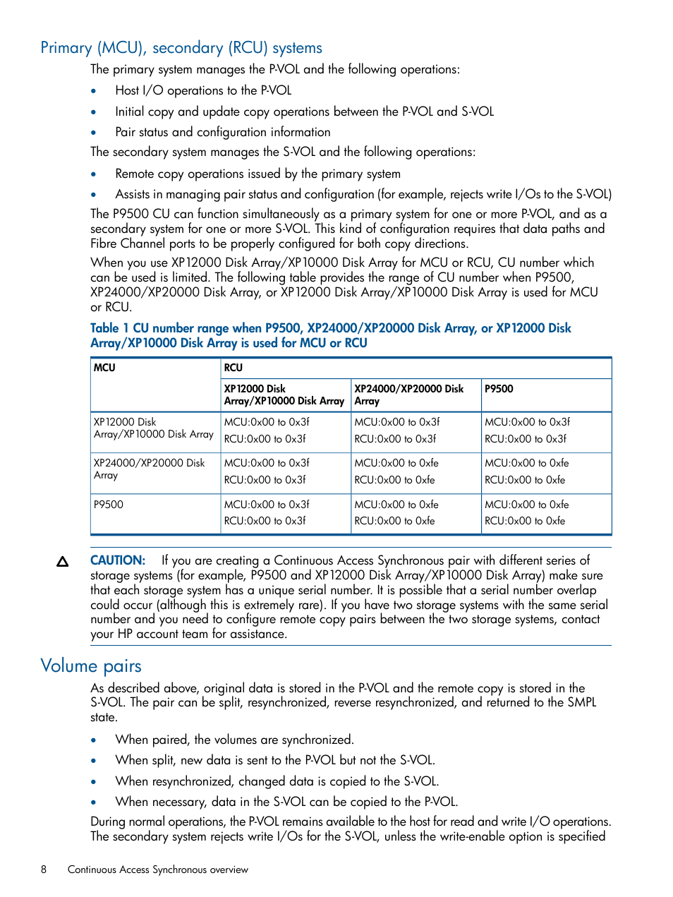 Primary (mcu), secondary (rcu) systems, Volume pairs | HP XP P9500 Storage User Manual | Page 8 / 113