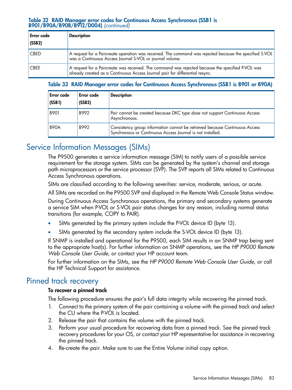 Service information messages (sims), Pinned track recovery | HP XP P9500 Storage User Manual | Page 83 / 113