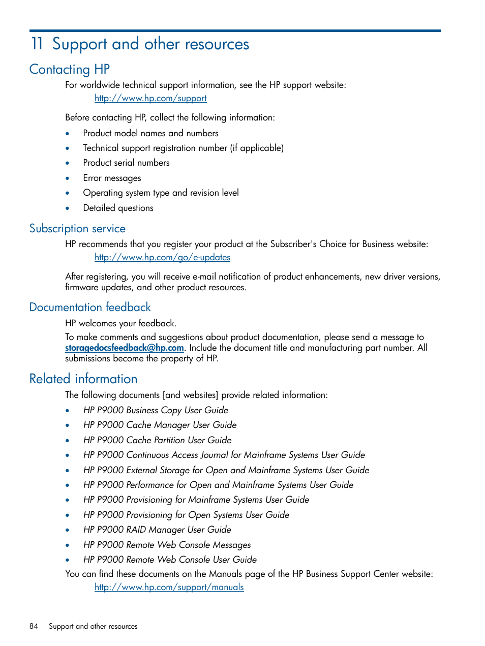 11 support and other resources, Contacting hp, Subscription service | Documentation feedback, Related information, Subscription service documentation feedback | HP XP P9500 Storage User Manual | Page 84 / 113