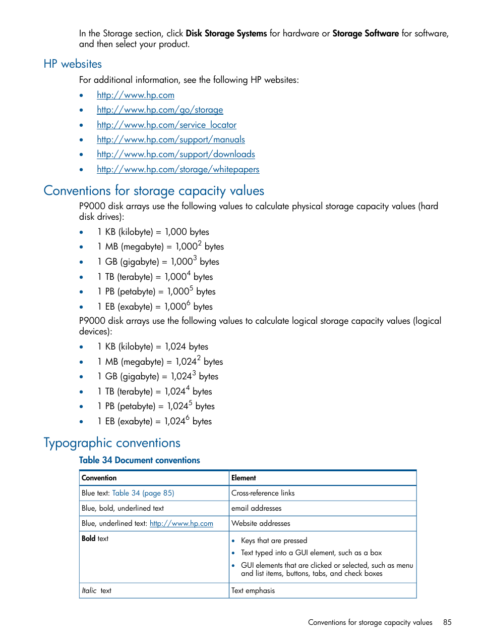 Hp websites, Conventions for storage capacity values, Typographic conventions | HP XP P9500 Storage User Manual | Page 85 / 113