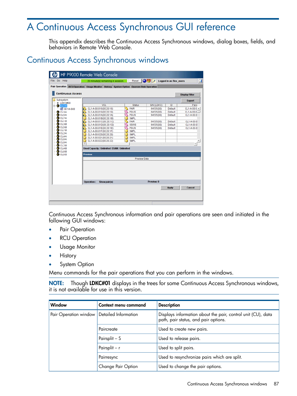 A continuous access synchronous gui reference, Continuous access synchronous windows | HP XP P9500 Storage User Manual | Page 87 / 113