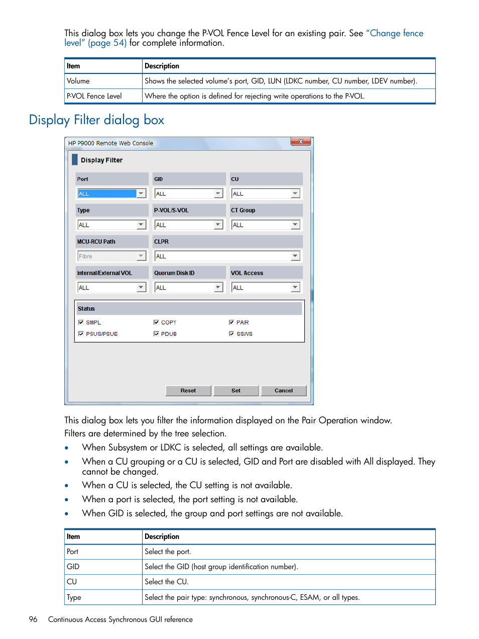 Display filter dialog box | HP XP P9500 Storage User Manual | Page 96 / 113