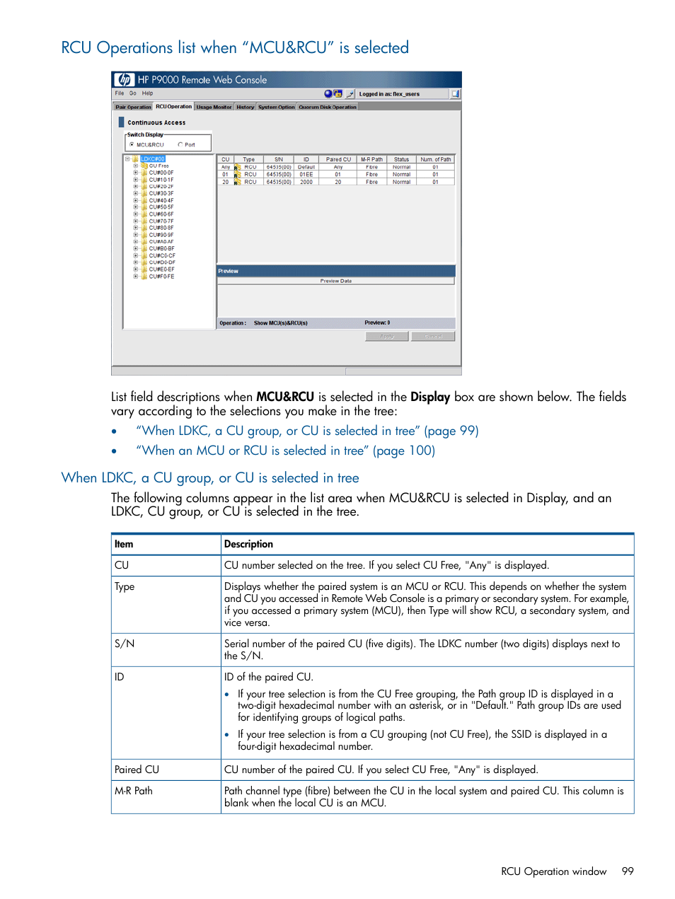 Rcu operations list when “mcu&rcu” is selected, When ldkc, a cu group, or cu is selected in tree, Rcu operations | HP XP P9500 Storage User Manual | Page 99 / 113