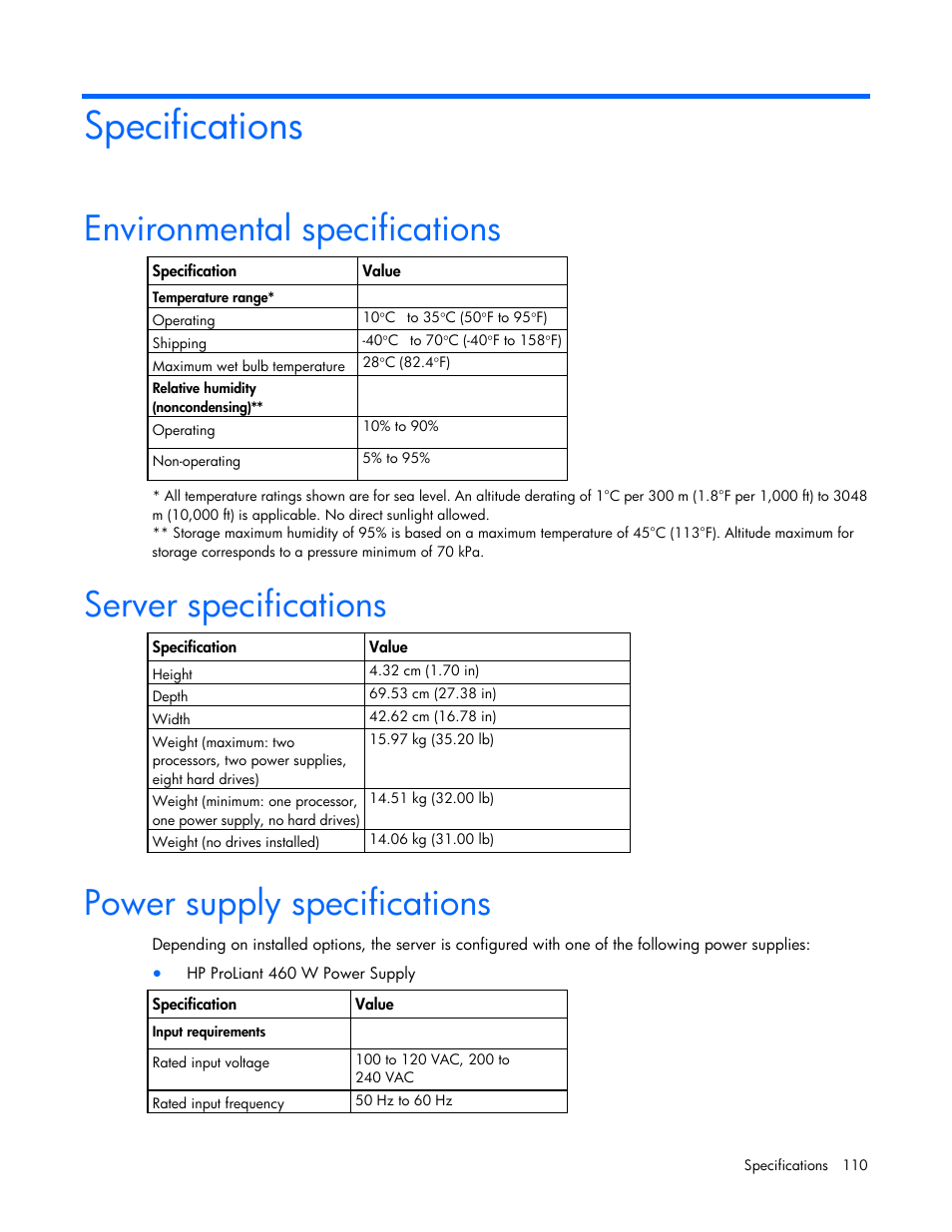 Specifications, Environmental specifications, Server specifications | Power supply specifications | HP ProLiant DL360 G6 Server User Manual | Page 110 / 127