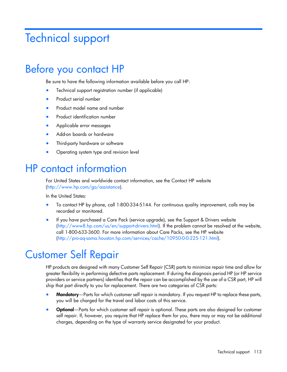 Technical support, Before you contact hp, Hp contact information | Customer self repair | HP ProLiant DL360 G6 Server User Manual | Page 113 / 127