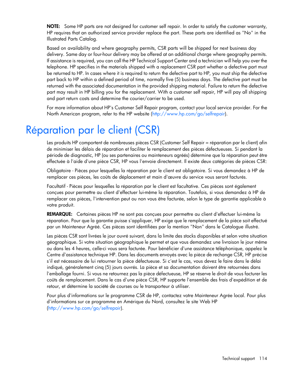 Réparation par le client (csr) | HP ProLiant DL360 G6 Server User Manual | Page 114 / 127