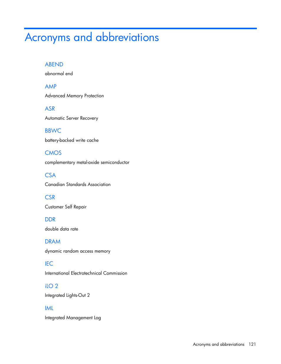 Acronyms and abbreviations | HP ProLiant DL360 G6 Server User Manual | Page 121 / 127