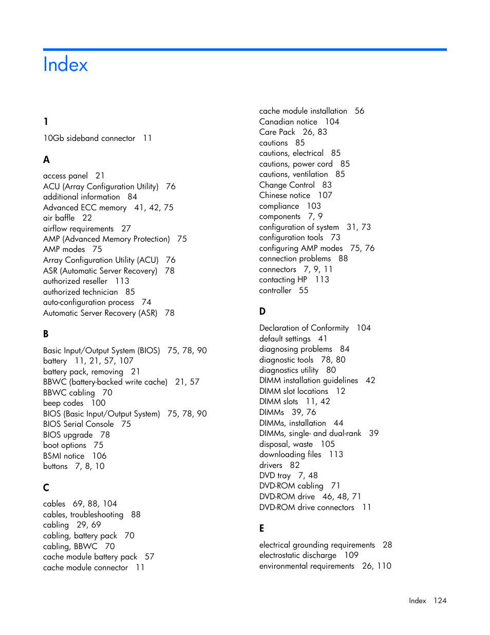 Index | HP ProLiant DL360 G6 Server User Manual | Page 124 / 127