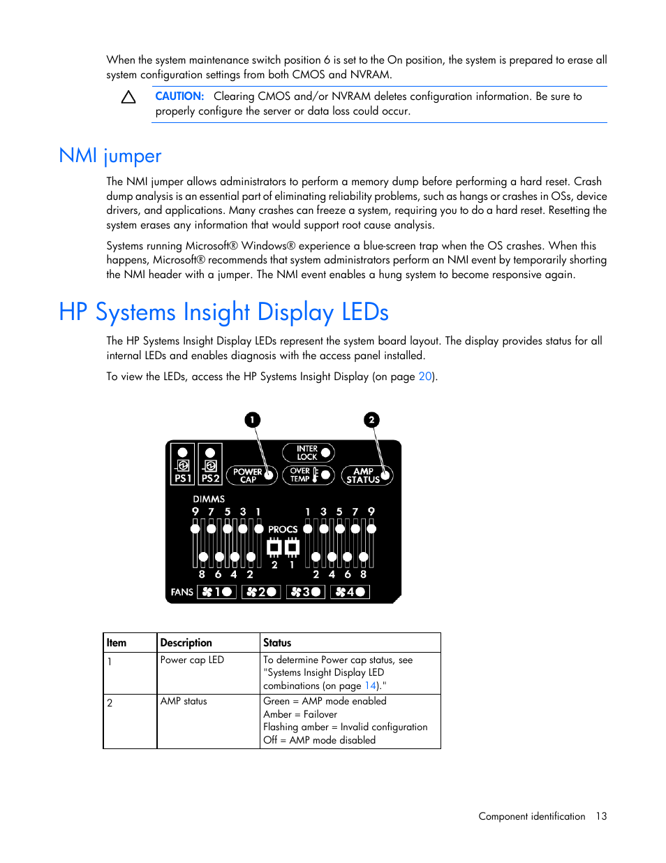 Nmi jumper, Hp systems insight display leds, Systems insight display leds | Hp systems insight, Display leds | HP ProLiant DL360 G6 Server User Manual | Page 13 / 127