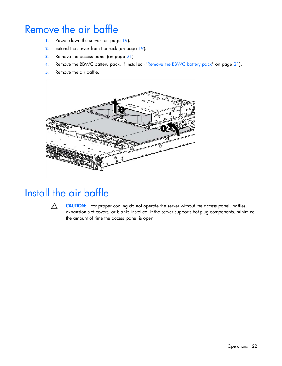 Remove the air baffle, Install the air baffle | HP ProLiant DL360 G6 Server User Manual | Page 22 / 127