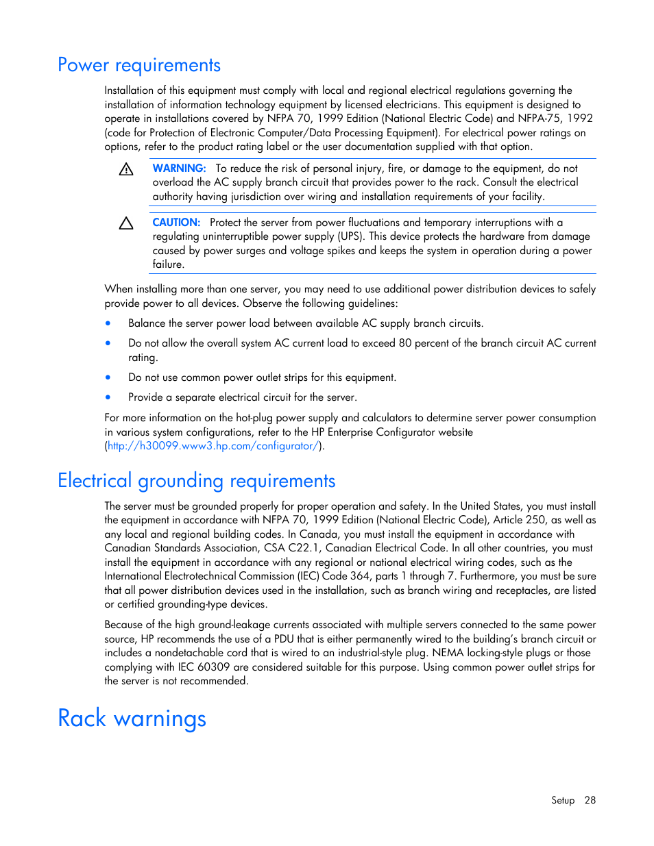 Power requirements, Electrical grounding requirements, Rack warnings | HP ProLiant DL360 G6 Server User Manual | Page 28 / 127