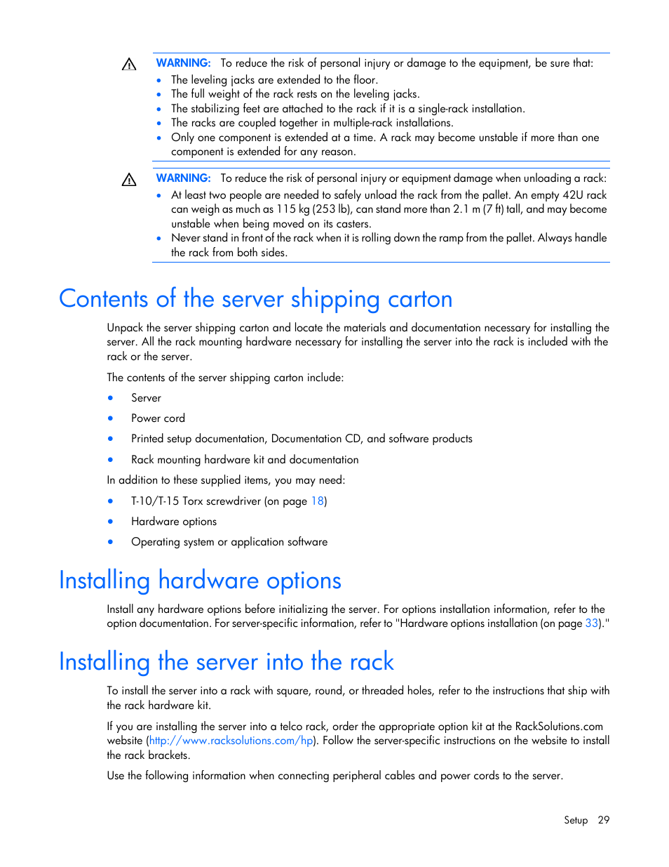 Contents of the server shipping carton, Installing hardware options, Installing the server into the rack | HP ProLiant DL360 G6 Server User Manual | Page 29 / 127