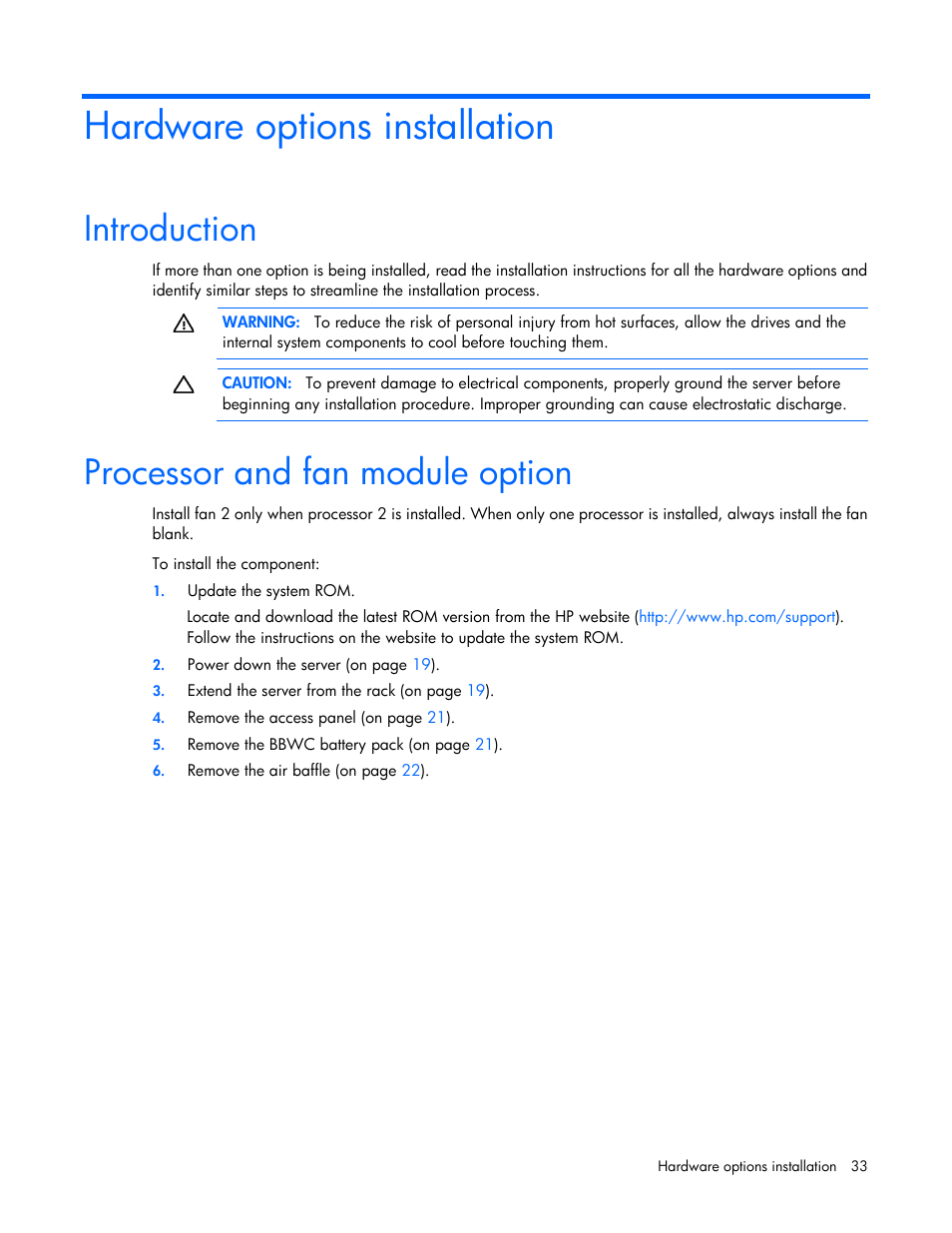 Hardware options installation, Introduction, Processor and fan module option | HP ProLiant DL360 G6 Server User Manual | Page 33 / 127