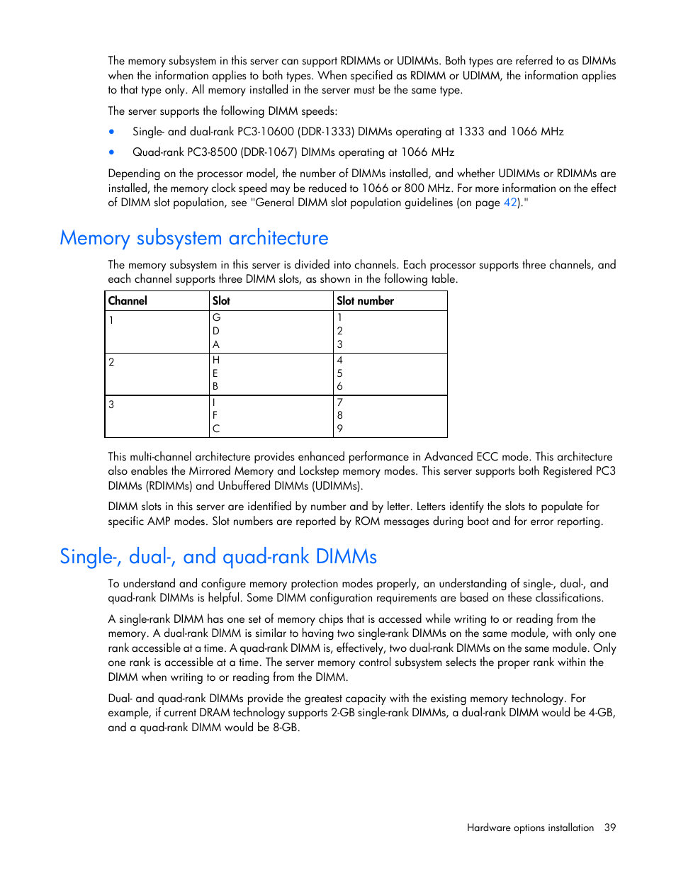 Memory subsystem architecture, Single-, dual-, and quad-rank dimms | HP ProLiant DL360 G6 Server User Manual | Page 39 / 127