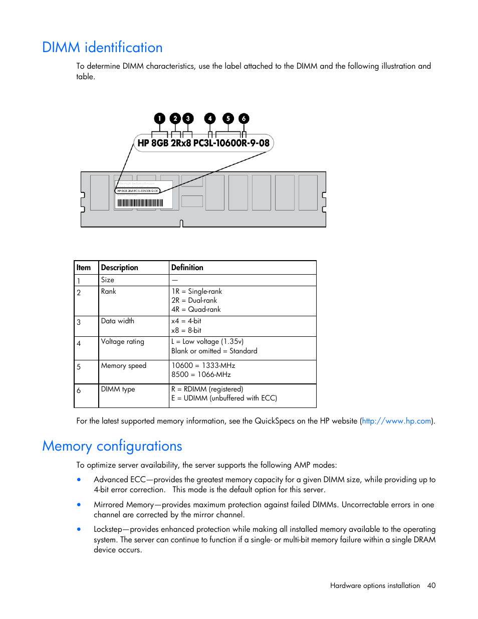 Dimm identification, Memory configurations | HP ProLiant DL360 G6 Server User Manual | Page 40 / 127