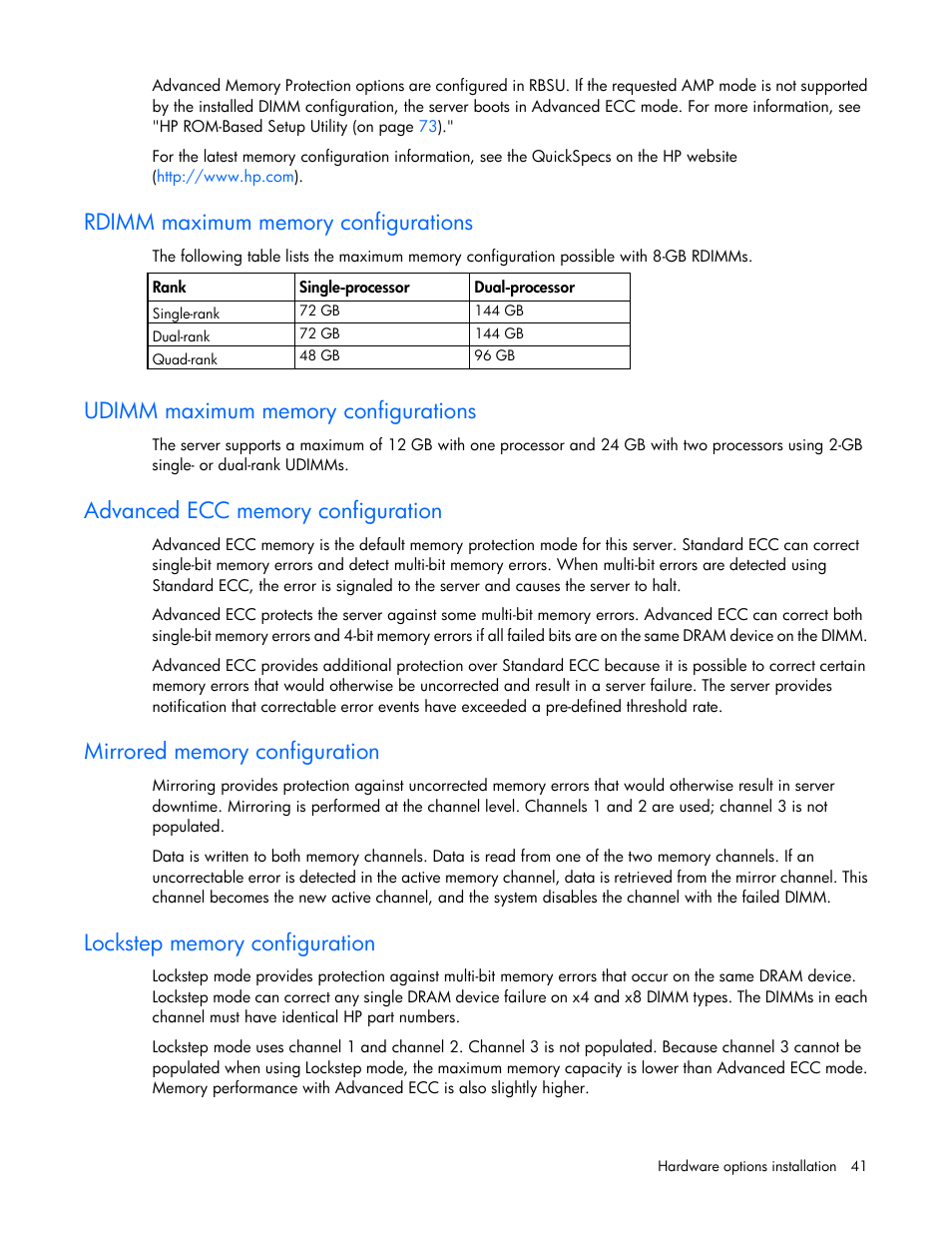 Rdimm maximum memory configurations, Udimm maximum memory configurations, Advanced ecc memory configuration | Mirrored memory configuration, Lockstep memory configuration | HP ProLiant DL360 G6 Server User Manual | Page 41 / 127