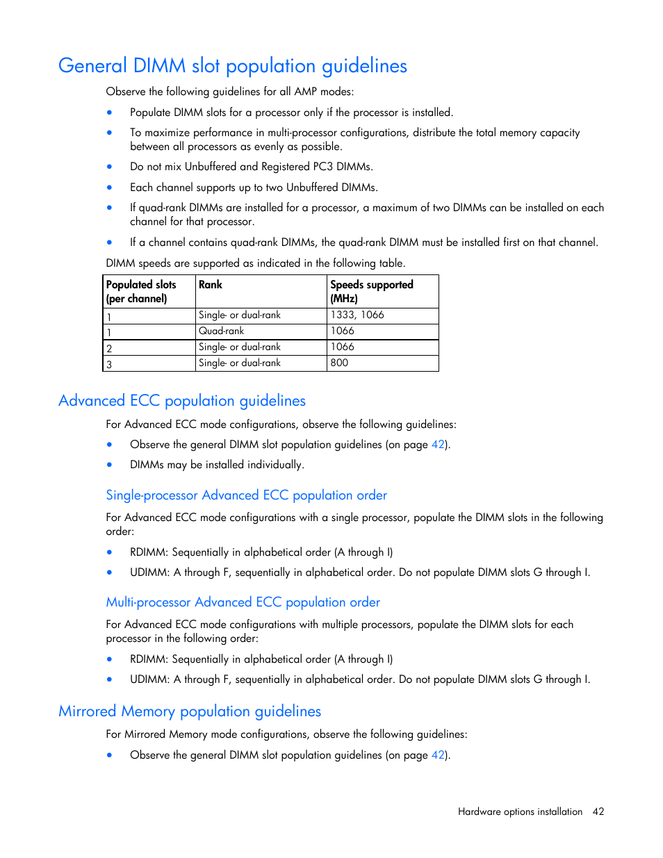 General dimm slot population guidelines, Advanced ecc population guidelines, Single-processor advanced ecc population order | Multi-processor advanced ecc population order, Mirrored memory population guidelines | HP ProLiant DL360 G6 Server User Manual | Page 42 / 127