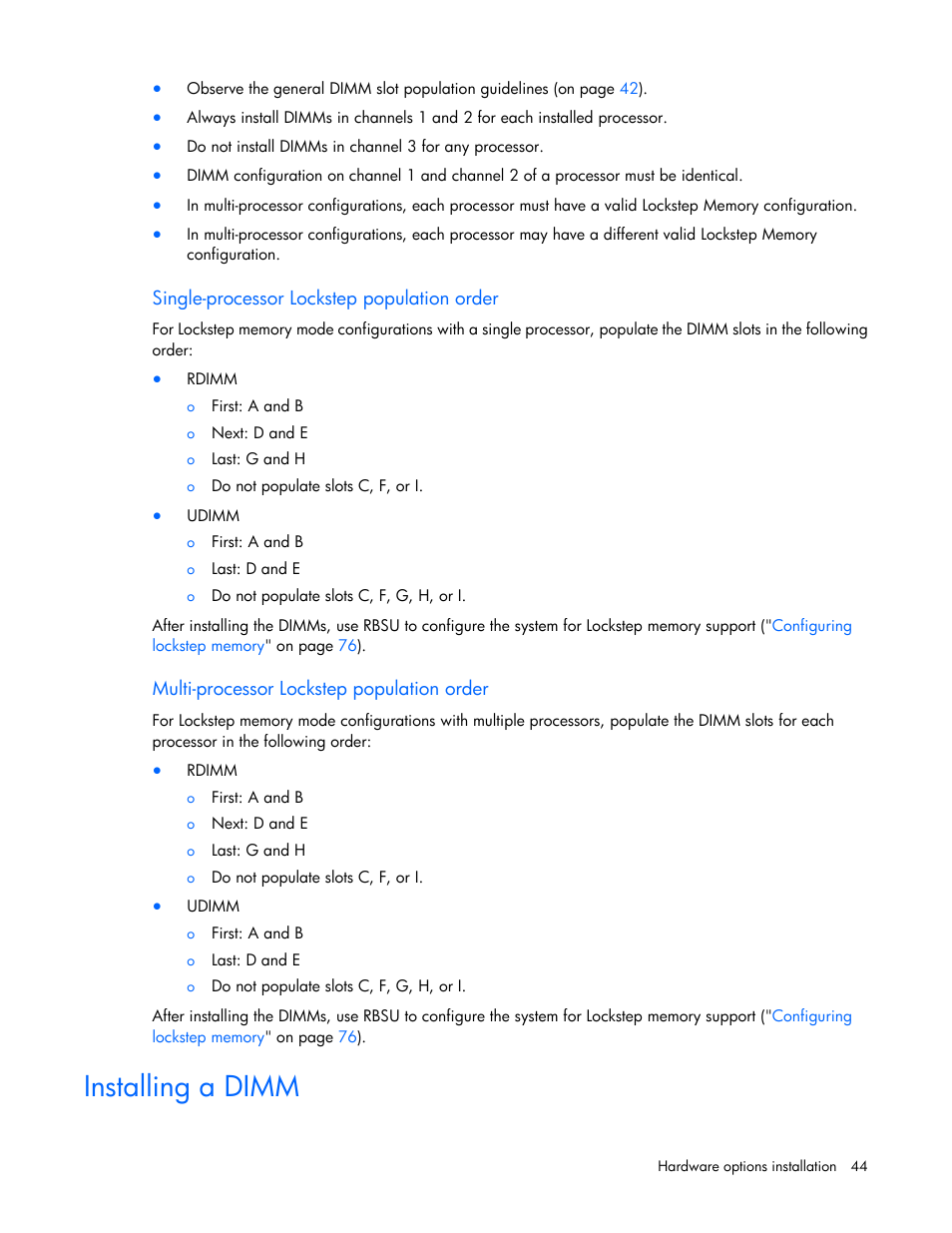 Single-processor lockstep population order, Multi-processor lockstep population order, Installing a dimm | HP ProLiant DL360 G6 Server User Manual | Page 44 / 127