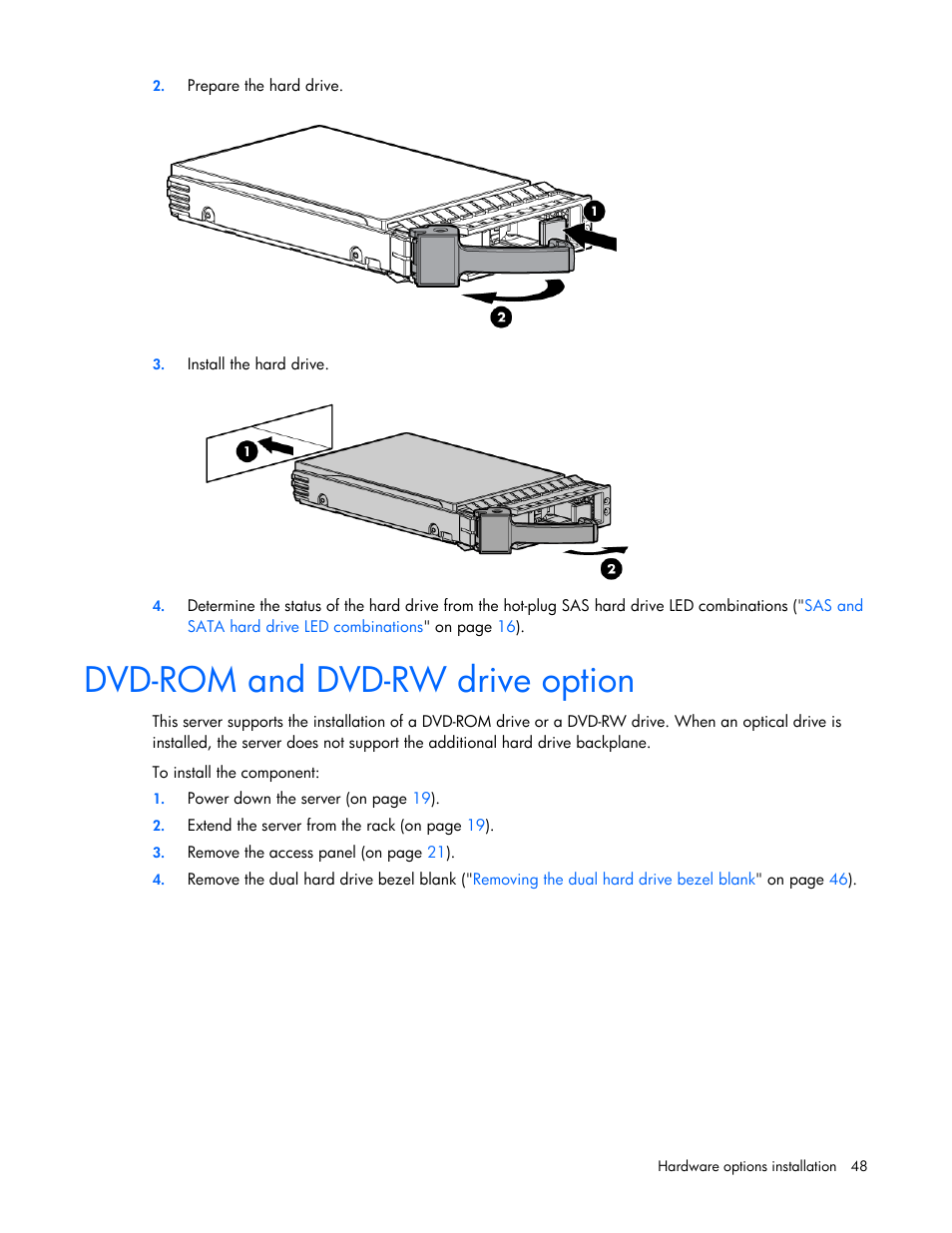 Dvd-rom and dvd-rw drive option | HP ProLiant DL360 G6 Server User Manual | Page 48 / 127