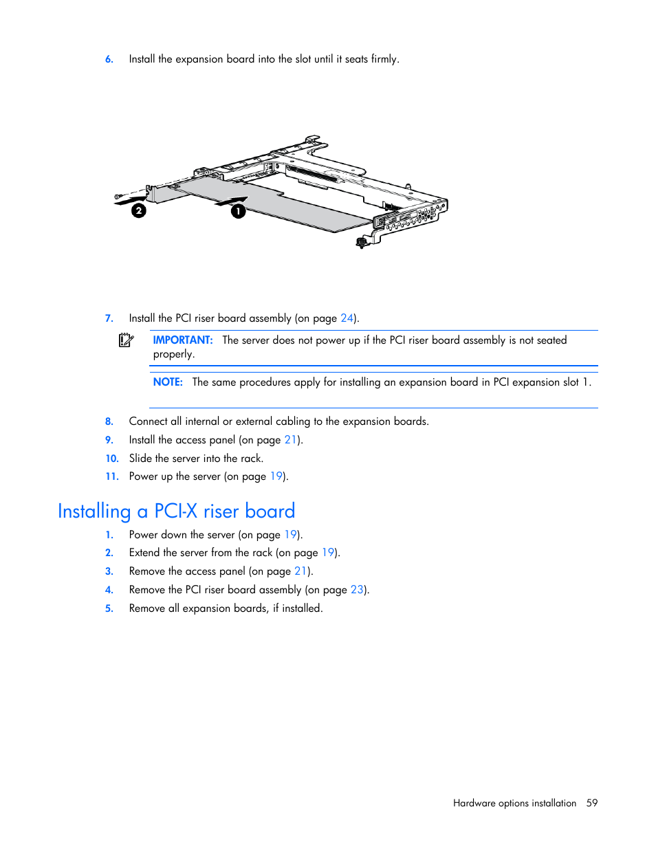 Installing a pci-x riser board | HP ProLiant DL360 G6 Server User Manual | Page 59 / 127