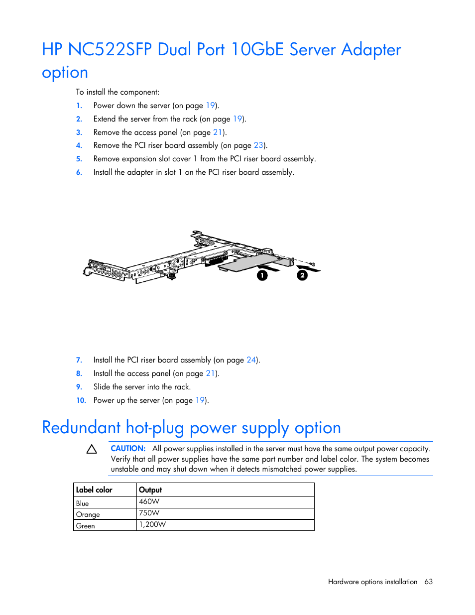 Hp nc522sfp dual port 10gbe server adapter option, Redundant hot-plug power supply option | HP ProLiant DL360 G6 Server User Manual | Page 63 / 127