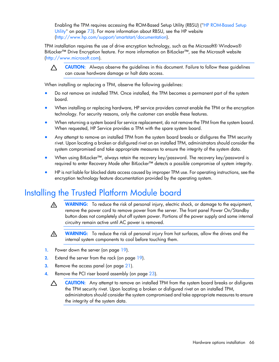 Installing the trusted platform module board | HP ProLiant DL360 G6 Server User Manual | Page 66 / 127