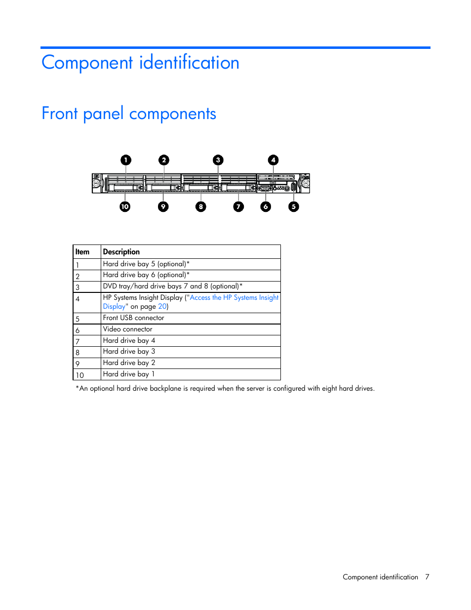 Component identification, Front panel components | HP ProLiant DL360 G6 Server User Manual | Page 7 / 127