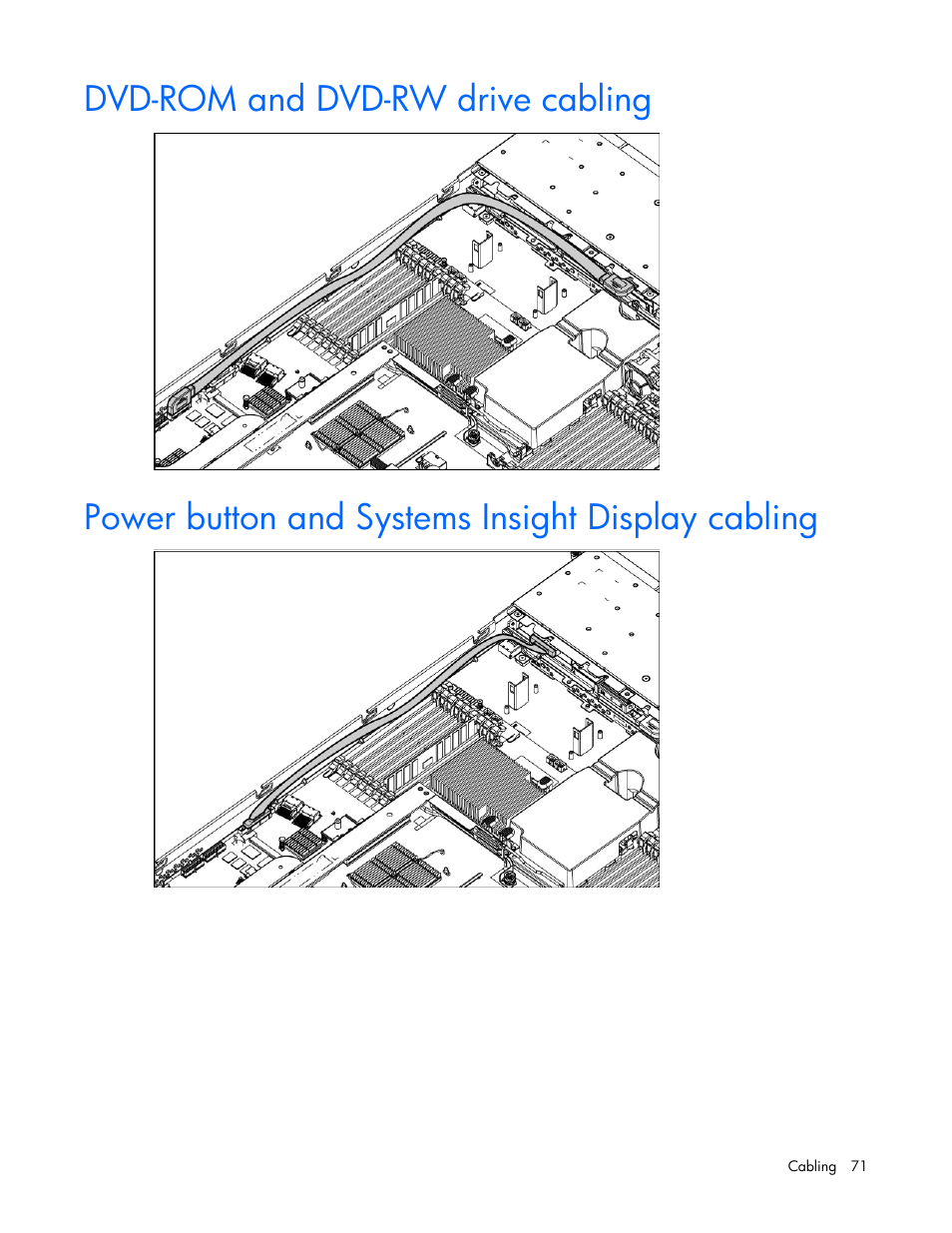 Dvd-rom and dvd-rw drive cabling, Power button and systems insight display cabling | HP ProLiant DL360 G6 Server User Manual | Page 71 / 127