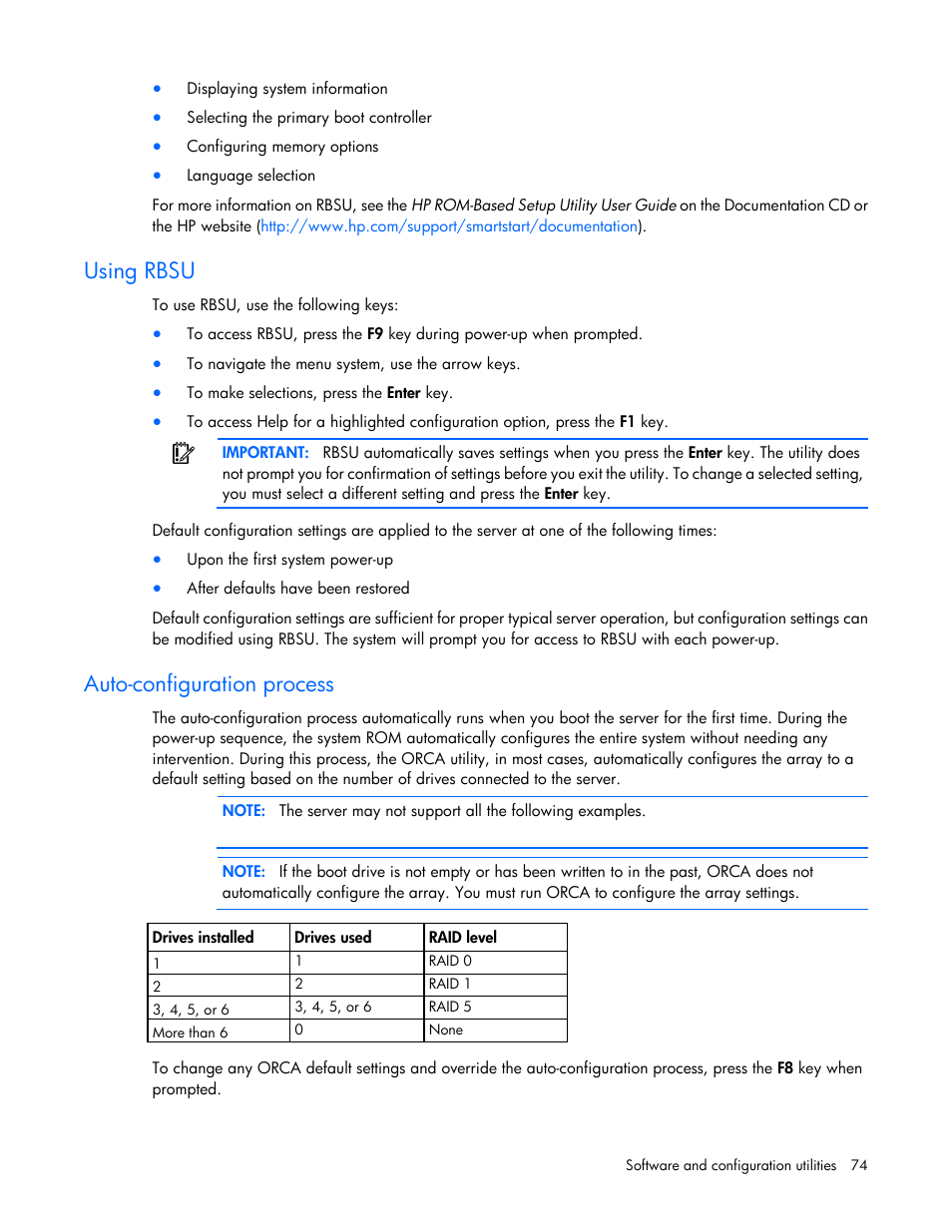 Using rbsu, Auto-configuration process | HP ProLiant DL360 G6 Server User Manual | Page 74 / 127