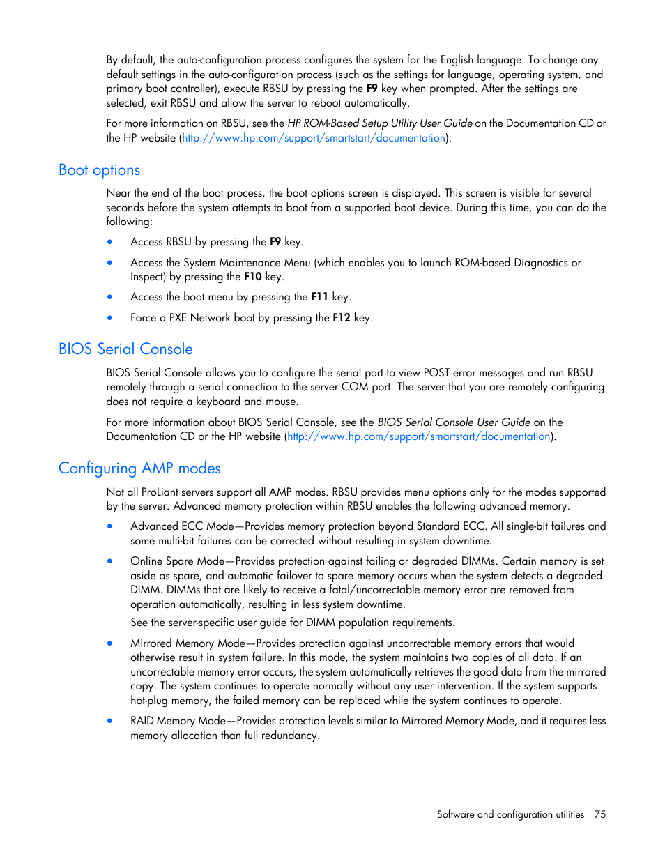 Boot options, Bios serial console, Configuring amp modes | HP ProLiant DL360 G6 Server User Manual | Page 75 / 127