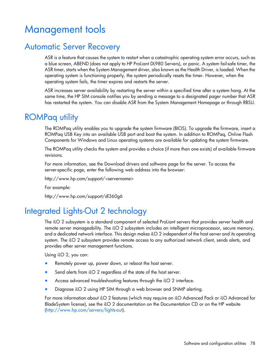 Management tools, Automatic server recovery, Rompaq utility | Integrated lights-out 2 technology | HP ProLiant DL360 G6 Server User Manual | Page 78 / 127