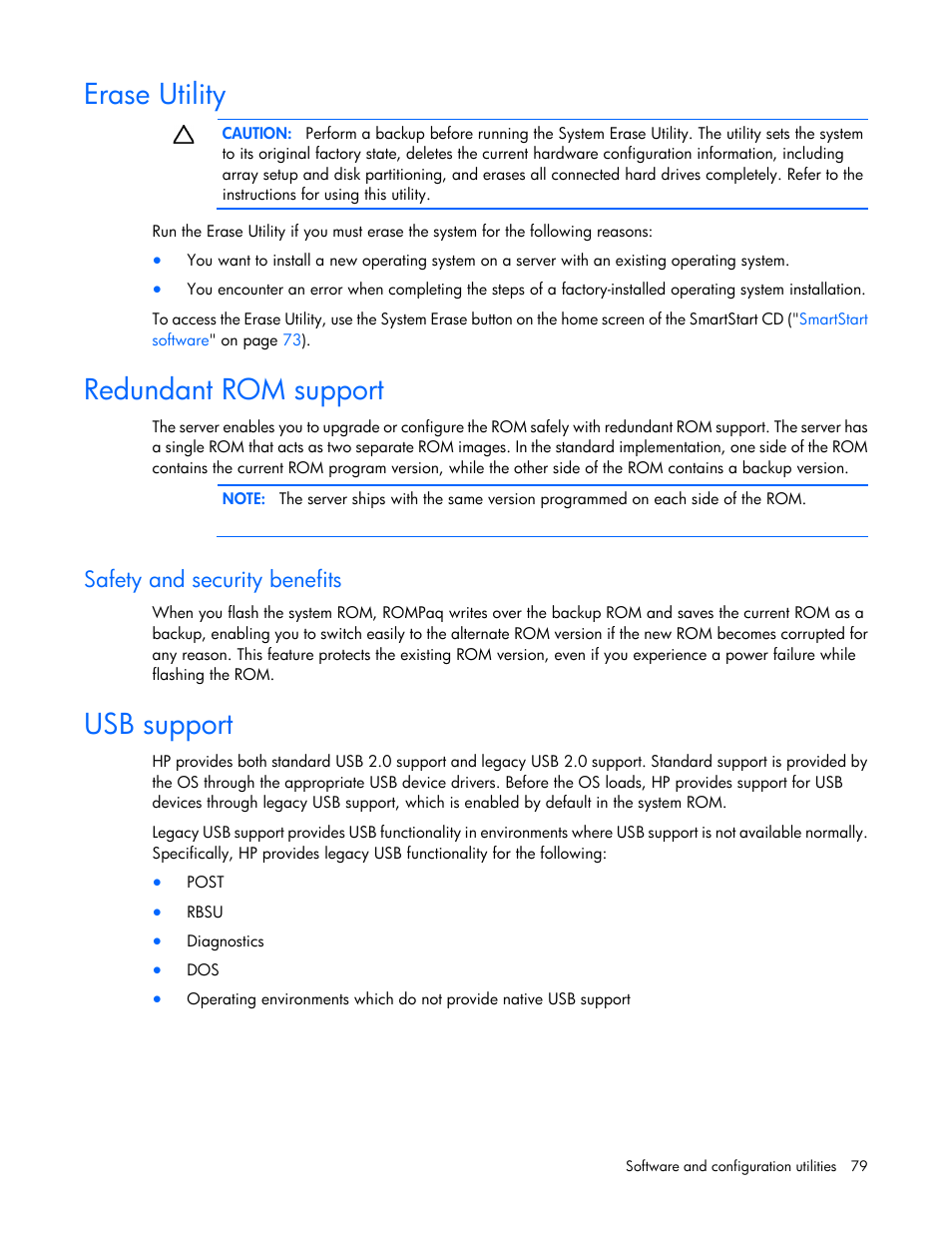 Erase utility, Redundant rom support, Safety and security benefits | Usb support | HP ProLiant DL360 G6 Server User Manual | Page 79 / 127